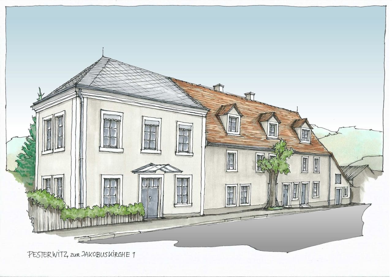 Kolorierte Architektenzeichnung der sanierten Straßenansicht Zur Jakobuskirche 1 in Pesterwitz