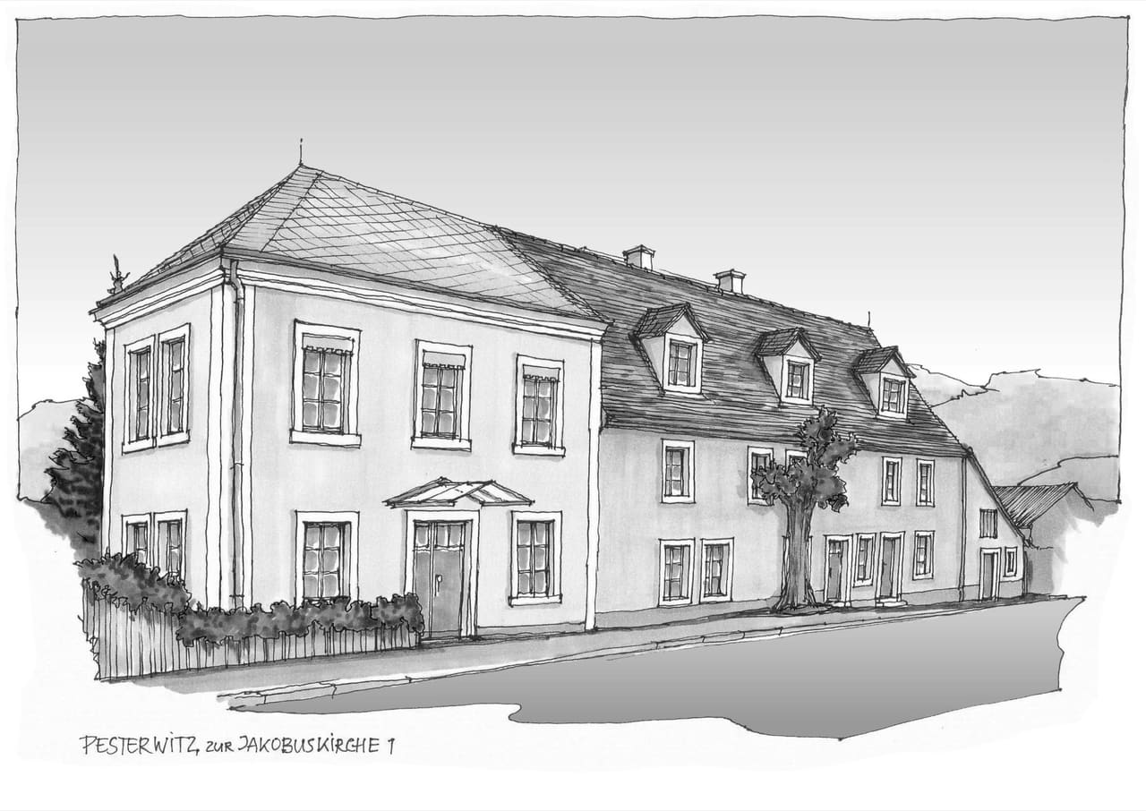 Schwarzweiße Architektenzeichnung des sanierten Wirts- und Kolonialwarenhauses in Pesterwitz