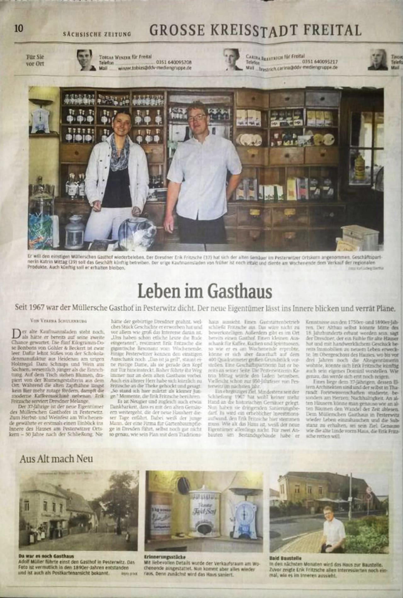 Zeitungsseite der Sächsischen Zeitung Freital mit dem Artikel „Leben im Gasthaus“ über den Pesterwitzer Gasthof